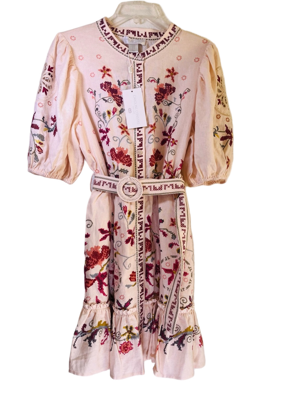 Caroline Constas Cream Multi Colored Embroidered Belted Midi Dress Western Med - Picture 2 of 13